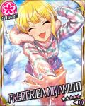  1girl artist_request bangs blonde_hair card_(medium) character_name closed_eyes fingernails flower_(symbol) idolmaster idolmaster_cinderella_girls jacket long_fingernails miyamoto_frederica official_art open_mouth pants short_hair smile snow solo sunlight tree 