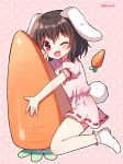  1girl ;d animal_ears blush brown_hair bunny_tail carrot eyebrows_visible_through_hair inaba_tewi looking_at_viewer mauve one_eye_closed open_mouth pink_background polka_dot polka_dot_background rabbit_ears red_eyes short_hair smile socks solo tail touhou twitter_username 