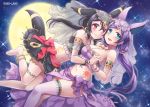  2girls animal_ears aqua_eyes bangle black_hair bracelet breasts cleavage cosplay crescent_moon_symbol earrings espeon espeon_(cosplay) full_moon hand_holding interlocked_fingers jewelry love_live! love_live!_school_idol_project low_twintails mono_land moon multiple_girls necklace open_mouth pokemon purple_hair red_eyes sky smile sparkle star_(sky) starry_sky sun_(symbol) tail tattoo thigh-highs toujou_nozomi twintails umbreon umbreon_(cosplay) white_legwear yazawa_nico 
