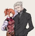  1boy 1girl butterfly cosplay facial_hair fate/grand_order fate_(series) formal fujimaru_ritsuka_(female) gloves highres james_moriarty_(fate/grand_order) long_hair looking_at_viewer mustache one_eye_closed orange_eyes orange_hair simple_background smile suit vest white_background 