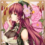  1girl bare_shoulders beret black_bow bow braid breasts bridal_gauntlets china_dress chinese_clothes cleavage dress elbow_gloves finger_to_mouth flower gloves green_eyes hair_bow hair_flower hair_ornament hat hong_meiling large_breasts lips long_hair moneti_(daifuku) parted_lips pink_rose redhead rose sleeveless sleeveless_dress solo tassel touhou twin_braids upper_body white_gloves white_rose 