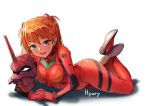  1girl blue_eyes blush bodysuit hair_ornament happy hyury long_hair looking_at_viewer lying multicolored neon_genesis_evangelion open_mouth orange_hair plugsuit red_bodysuit shiny shiny_clothes simple_background solo souryuu_asuka_langley twintails white_background 