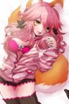  1girl animal_ears black_legwear bra breasts cleavage fate/extra fate_(series) fox_ears fox_tail koyu_koyuki long_hair looking_at_viewer lying on_back open_clothes open_mouth open_shirt pink_bra pink_hair shirt simple_background smile solo tail tamamo_(fate)_(all) tamamo_no_mae_(fate) thigh-highs underwear white_background yellow_eyes 