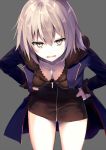  1girl 3:&lt; artist_name bangs black_dress blonde_hair blush breasts coat collarbone cosplay cowboy_shot downblouse dress eyebrows_visible_through_hair fate/grand_order fate/stay_night fate_(series) fur_collar grey_background hands_on_hips highres jacket jeanne_alter jeanne_alter_(cosplay) leaning_forward long_hair looking_at_viewer medium_breasts okotoburi open_clothes open_coat open_mouth ruler_(fate/apocrypha) saber saber_alter short_dress signature simple_background solo thigh-highs yellow_eyes 