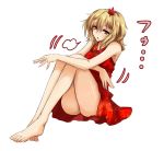  1girl aki_shizuha amagi_(amagi626) blonde_hair blush dress hair_ornament highres leaf_hair_ornament leaf_print legs_together looking_at_viewer open_mouth short_hair sigh simple_background sitting sketch solo thighs touhou white_background yellow_eyes 
