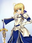  1girl ahoge armor blonde_hair cosplay excalibur_(fate/prototype) fate/stay_night fate_(series) green_eyes hair_bun saber saber_(fate/prototype) saber_(fate/prototype)_(cosplay) sword weapon 