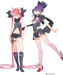  2girls absurdly_long_hair bare_shoulders black_bow black_legwear boots bow crop_top cross-laced_footwear cutout demon_horns eyebrows_visible_through_hair full_body hair_between_eyes hair_bow hand_on_hip high_heels highleg highres horns iwato1712 jacket_on_shoulders kneehighs knife lace-up_boots long_hair looking_at_viewer multiple_girls navel navel_cutout necktie original outstretched_hand pink_eyes pink_hair pink_legwear pointy_ears ponytail purple_hair sharp_teeth short_shorts shorts simple_background sleeveless slippers standing standing_on_one_leg strapless striped striped_legwear teeth thigh-highs thigh_strap tubetop turtleneck twintails twitter_username vertical-striped_legwear vertical_stripes very_long_hair violet_eyes white_background white_legwear 