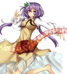  1girl absurdres amagi_(amagi626) bare_legs barefoot biwa_lute blush breasts dress hair_ornament highres instrument jumping leaf_hair_ornament long_hair long_sleeves looking_at_viewer lute_(instrument) musical_note neck_ribbon purple_hair ribbon see-through shirt simple_background sketch smile solo touhou tsukumo_benben twintails violet_eyes white_background 