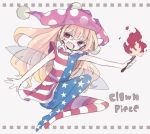  1girl alternate_legwear american_flag american_flag_dress american_flag_legwear blonde_hair clownpiece dress fairy fairy_wings frilled_shirt_collar frills hat jester_cap leggings long_hair nagi_(nagito) neck_ruff pantyhose pink_eyes polka_dot print_legwear short_dress short_sleeves star star_print torch touhou very_long_hair wings 