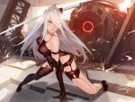  1girl absurdres bare_shoulders breasts doll_joints elbow_gloves erect_nipples gloves hair_over_one_eye highres katana long_hair nier_(series) nier_automata silver_hair single_thighhigh solo sword thigh-highs violet_eyes waterring weapon yorha_type_a_no._2 