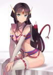  1girl bangs black_hair blue_eyes breasts cleavage closed_mouth cross_ange detached_sleeves dragon_girl dragon_tail dragon_wings forehead_jewel highres hsin japanese_clothes long_hair looking_at_viewer medium_breasts parted_bangs revealing_clothes salamandinay sitting smile solo tail thigh-highs v_arms very_long_hair white_legwear wings 