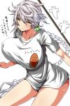  1girl alternate_costume ar_(lover_boy) asymmetrical_hair bouncing_breasts breasts hair_ornament highres huge_breasts jitome kantai_collection leaning_forward light_smile lips long_hair naked_shirt shirt silver_hair staff thighs unryuu_(kantai_collection) very_long_hair white_shirt yellow_eyes 