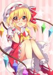  1girl :d adjusting_glasses ascot bangs bespectacled blonde_hair blush bobby_socks crystal fang flandre_scarlet frilled_shirt_collar frilled_skirt frills glasses hat hat_ribbon knees_up looking_at_viewer mary_janes mob_cap open_mouth puffy_short_sleeves puffy_sleeves red-framed_eyewear red_eyes red_ribbon red_skirt red_vest ribbon ruhika semi-rimless_glasses shoes short_sleeves side_ponytail sitting skirt skirt_set smile socks solo touhou under-rim_glasses vest white_legwear wings wrist_cuffs 