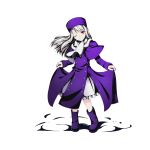  1girl boots divine_gate fate/stay_night fate_(series) frilled_skirt frills full_body hat head_tilt illyasviel_von_einzbern long_hair looking_at_viewer official_art one_eye_closed purple_boots purple_hat red_eyes silver_hair skirt skirt_hold smile solo transparent_background ucmm white_skirt 