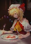  1girl ascot blonde_hair blood blood_on_face crystal flandre_scarlet fork frills hat hat_ribbon highres indoors isshin_(kaxz) knife mob_cap picture_(object) puffy_short_sleeves puffy_sleeves red_eyes red_ribbon ribbon short_hair short_sleeves side_ponytail solo tears touhou wings 