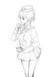  1girl absurdres cup darjeeling garrison_cap girls_und_panzer hand_to_own_mouth hat highres monochrome sketch skirt solo teacup uniform 