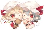  2girls ;d artist_name bangs bat_wings blonde_hair blue_hair bow cats_brain cheek_press chibi fang flandre_scarlet frilled_skirt frills hat hat_bow holding holding_stuffed_animal mob_cap multiple_girls one_eye_closed one_side_up open_mouth red_eyes remilia_scarlet sash short_hair short_sleeves siblings simple_background sisters skirt smile stuffed_animal stuffed_bunny stuffed_toy teddy_bear touhou white_background wings 