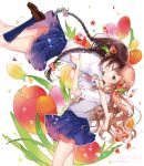  2girls artist_name blue_skirt braid brown_eyes brown_hair brown_shoes closed_eyes copyright_name cover cover_page face-to-face flower futaribeya hair_flower hair_ornament highres kawawa_sakurako kneehighs long_hair multiple_girls navy_blue_legwear open_mouth outline petals pleated_skirt school_uniform shirt shoes short_sleeves skirt smile tulip twin_braids watermark wavy_hair white_outline white_shirt yamabuki_kasumi yukinokoe yuri 