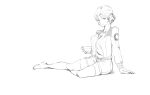  1girl alternate_costume arm_support barefoot bomber_jacket cup darjeeling girls_und_panzer highres jacket looking_at_viewer short_hair shorts sketch solo teacup traditional_media white_background 