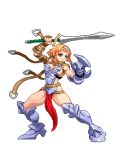  1girl armor armored_boots blonde_hair blue_eyes boots braid breasts buckle closed_mouth fighting_stance full_body gauntlets hairband holding holding_shield holding_sword holding_weapon large_breasts leather leina lowres pixel_art queen&#039;s_blade shield sideboob solo sword t.s. thighs toned weapon 