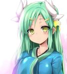  1girl aqua_hair blush breasts fate/grand_order fate_(series) hair_ornament hairclip horns japanese_clothes kimono kiyohime_(fate/grand_order) long_hair looking_at_viewer sen_(astronomy) sleeves_past_wrists smile solo yellow_eyes 