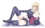  1girl arm_support bangs black_boots black_legwear black_shorts blonde_hair blue_ribbon boots breasts camisole closed_mouth eyebrows_visible_through_hair fate/stay_night fate_(series) full_body hair_between_eyes hair_ribbon high_heel_boots high_heels hood hoodie long_hair looking_at_viewer medium_breasts navel nekoperon open_clothes open_hoodie ponytail ribbon saber saber_alter short_shorts shorts sidelocks sitting solo thigh-highs thighs tile_floor tiles yellow_eyes 