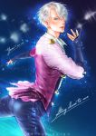  1boy black_gloves blue_eyes copyright_name english gloves hair_over_one_eye kicba_a male_focus parted_lips partly_fingerless_gloves silver_hair sparkle standing standing_on_one_leg twitter_username viktor_nikiforov yuri!!!_on_ice 