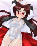  1girl animal_ears blush breasts brown_hair imaizumi_kagerou long_hair on_bed red_eyes school_swimsuit shiny shiny_skin shirt skirt swimsuit touhou undressing white_school_swimsuit white_swimsuit winn wolf_ears 