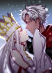  1boy 1girl bare_shoulders black_eyes commentary_request crown crying crying_with_eyes_open dark_skin detached_sleeves dress_of_heaven emiya_kiritsugu emiya_kiritsugu_(assassin) eye_contact fate/grand_order fate_(series) finger_to_another&#039;s_chin from_side husband_and_wife irisviel_von_einzbern irisviel_von_einzbern_(caster) karuha_(kokuyouboys) long_hair looking_at_another red_eyes tears white_hair wide_sleeves 
