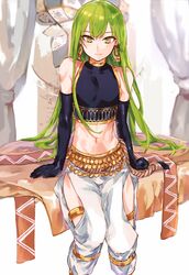  1boy androgynous bare_shoulders enkidu_(fate/strange_fake) fate/grand_order fate/strange_fake fate_(series) green_eyes green_hair highres long_hair looking_at_viewer navel nekoremon smile solo trap 