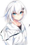  1girl blue_eyes blush commentary_request hair_between_eyes hair_ornament hairclip highres hood hoodie looking_at_viewer original otokuyou ringo-chan_(otokuyou) short_hair simple_background solo upper_body white_background white_hair 