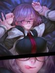  1boy 1girl blush breasts erect_nipples fate/grand_order fate_(series) glasses highres large_breasts licking_lips looking_at_viewer lying necktie on_back parted_lips pov purple_hair samerupa shielder_(fate/grand_order) short_hair smile tongue tongue_out violet_eyes 