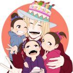  1boy 3girls ^_^ blonde_hair brown_eyes cake cake_hat closed_eyes con_potata food food_on_face fork fruit grin hair_bun hair_ornament hair_scrunchie happy_birthday hat hood hoodie multiple_girls nishigoori_axel nishigoori_loop nishigoori_lutz open_mouth ponytail scrunchie smile strawberry twintails v yuri!!!_on_ice yuri_plisetsky 