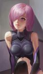  1girl bare_shoulders breasts elbow_gloves eyelashes fate/grand_order fate_(series) gloves hair_over_one_eye lavender_eyes lips looking_to_the_side pink_hair realistic shadow shengxie shielder_(fate/grand_order) sitting solo 