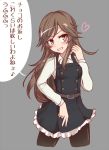  &gt;:d 1girl :d arashio_(kantai_collection) black_legwear brown_eyes brown_hair dress frilled_dress frills grey_background heart kantai_collection kihou_no_gotoku_dmc long_hair long_sleeves open_mouth pantyhose pinafore_dress remodel_(kantai_collection) shirt simple_background smile solo speech_bubble suspenders translation_request white_shirt 