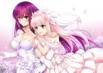  2girls :d absurdres alternate_costume arm_hug bangs bare_shoulders blunt_bangs blush breasts bridal_veil cleavage couple dress fate/grand_order fate_(series) female flower formal gloves gu_li highres hug large_breasts long_hair medb_(fate/grand_order) multiple_girls mutual_yuri navel off-shoulder_dress open_mouth petals pink_dress pink_gloves pink_hair purple_hair red_eyes rose scathach_(fate/grand_order) shiny shiny_hair sidelocks smile strapless strapless_dress tiara type-moon veil wedding_dress white_dress white_flower white_gloves white_rose wife_and_wife yellow_eyes yuri 