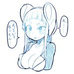  1girl blush breasts cleavage electro_emilia headgear ken_(koala) large_breasts long_hair monochrome open_mouth original simple_background solo translation_request upper_body white_background 
