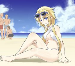  1girl 3boys barefoot beach bikini blonde_hair blue_eyes borrowed_character breasts clouds full_body hair_over_shoulder himekawa_hinari leg_lift long_hair looking_at_viewer low_twintails medium_breasts multiple_boys original pointing shiro_maru smile solo_focus sunglasses sunglasses_on_head swimsuit twintails under_boob 