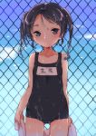  1girl black_eyes black_hair braid chain-link_fence child collarbone covered_navel cowboy_shot eyebrows_visible_through_hair facing_viewer fence gluteal_fold ichihaya long_hair name_tag original school_swimsuit solo standing swimsuit towel twin_braids wet wet_clothes 