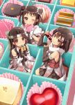  3girls black_gloves black_skirt box box_of_chocolates brown_eyes brown_hair detached_sleeves double_bun elbow_gloves gift gift_box gloves grin hair_flaps heart-shaped_box highres in_box in_container jintsuu_(kantai_collection) kantai_collection ko_ru_ri long_hair multiple_girls naka_(kantai_collection) one_eye_closed pleated_skirt puffy_short_sleeves puffy_sleeves sailor_collar scarf school_uniform sendai_(kantai_collection) serafuku short_hair short_sleeves skirt sleeveless smile two_side_up white_scarf 