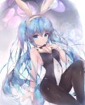  1girl animal_ears black_legwear black_leotard blue_eyes blue_hair bow bowtie bunny_tail bunnysuit detached_collar fake_animal_ears hatsune_miku highres leotard long_hair pantyhose rabbit_ears sitting smile solo tail twintails twiska_(doubitian) vocaloid wrist_cuffs 