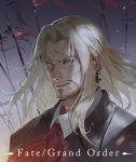  1boy beard blue_eyes closed_mouth command_spell copyright_name earrings face facial_hair facial_mark fate/apocrypha fate/grand_order fate_(series) floating_hair forehead_mark formal itoucon jewelry lancer_of_black light_particles male_focus polearm portrait spear weapon white_hair 