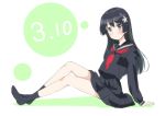  1girl black_hair black_legwear black_serafuku black_skirt flower green_eyes hair_flower hair_ornament long_hair neckerchief number pleated_skirt red_neckerchief sailor_collar saten_ruiko school_uniform serafuku sitting skirt socks to_aru_kagaku_no_railgun to_aru_majutsu_no_index zero_(miraichizu) 