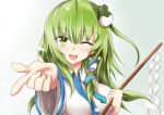  1girl eyebrows_visible_through_hair frog_hair_ornament gohei gradient gradient_background green_eyes green_hair hair_ornament hair_tubes holding kochiya_sanae looking_at_viewer one_eye_closed open_mouth pointing smile snake_hair_ornament solo touhou wide_sleeves yuki_(snowmaiden) 