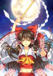  1girl absurdres arm_up ascot between_fingers bow brown_hair detached_sleeves gohei hair_bow hair_tubes hakurei_reimu highres holding long_hair looking_at_viewer moon navel ofuda parted_lips red_bow red_ribbon ribbon ribbon-trimmed_sleeves ribbon_trim sky solo star_(sky) stomach touhou wide_sleeves 