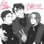  3boys arm_around_shoulder artist_name con_potata crossed_arms dated grin jacket jean-jacques_leroy leo_de_la_iglesia male_focus monochrome multiple_boys one_eye_closed otabek_altin smile track_jacket v yuri!!!_on_ice 