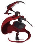  1girl artist_name belt black_dress black_hair boots cape dress holding holding_weapon lansane long_sleeves looking_at_viewer multicolored_hair pantyhose red_cape redhead ruby_rose rwby scythe short_hair silver_hair sleeves_past_wrists smile solo two-tone_hair weapon white_background wide_sleeves 
