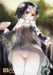  blonde_hair brown_eyes coat cowboy_shot crotch_seam day fur_collar grey_hair head_wings kemono_friends ken_(coffee_michikusa) long_sleeves looking_at_viewer mouth_hold multicolored_hair northern_white-faced_owl_(kemono_friends) outdoors panties panties_under_pantyhose pantyhose plate short_hair spoon underwear white_hair white_legwear 