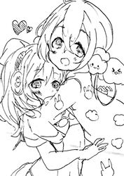  2girls blush greyscale highres hug mahou_shoujo_ikusei_keikaku mahou_shoujo_ikusei_keikaku_unmarked micro_(micronm) monochrome multiple_girls nemurin swim_swim 