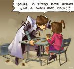  1boy 1girl brown_hair card chair child english hair_bobbles hair_ornament holding holding_card hood hoodie horace_h kaiba_seto leaning_forward short_hair side_ponytail sitting sweat table yu-gi-oh! yuu-gi-ou_duel_monsters 